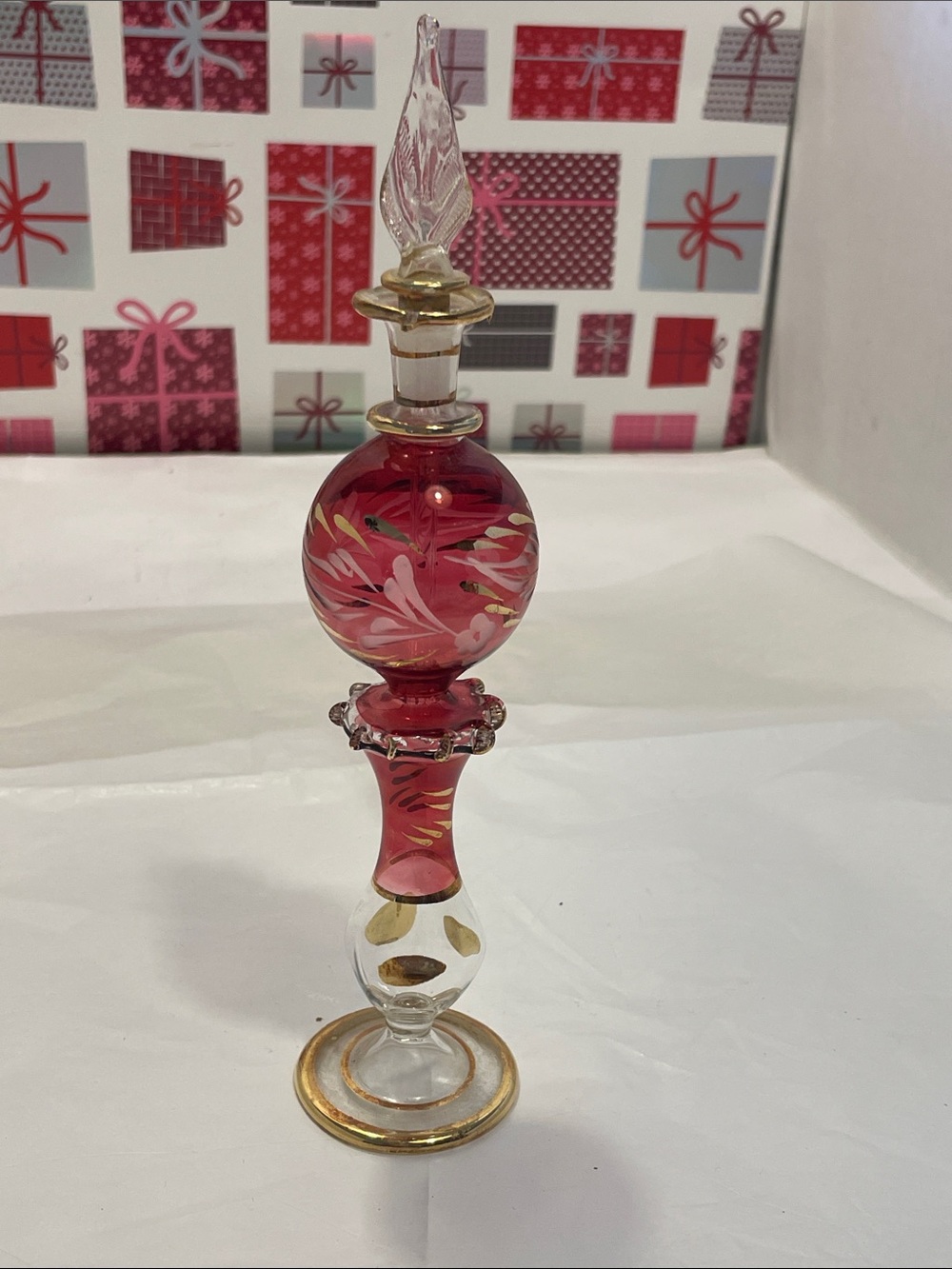 VTG Egyptian Handblown Red and Gold Swirl Glass Perfume Bottle